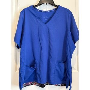 Vera Bradley Womens Royal Blue V-Neck Scrub Top Quilted Side Panels 2X